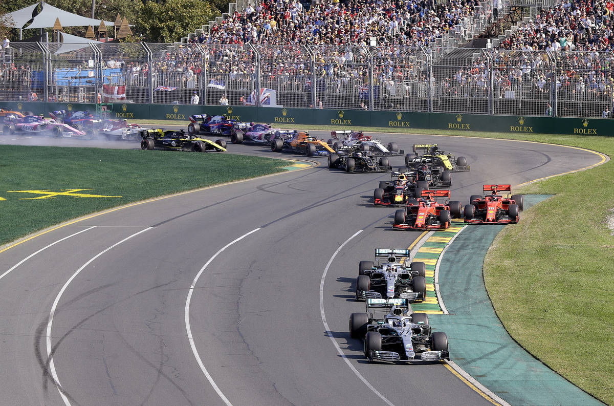 In this March 17, 2019, file photo, drivers compete in the Australian Formula 1 Grand Prix in M ...