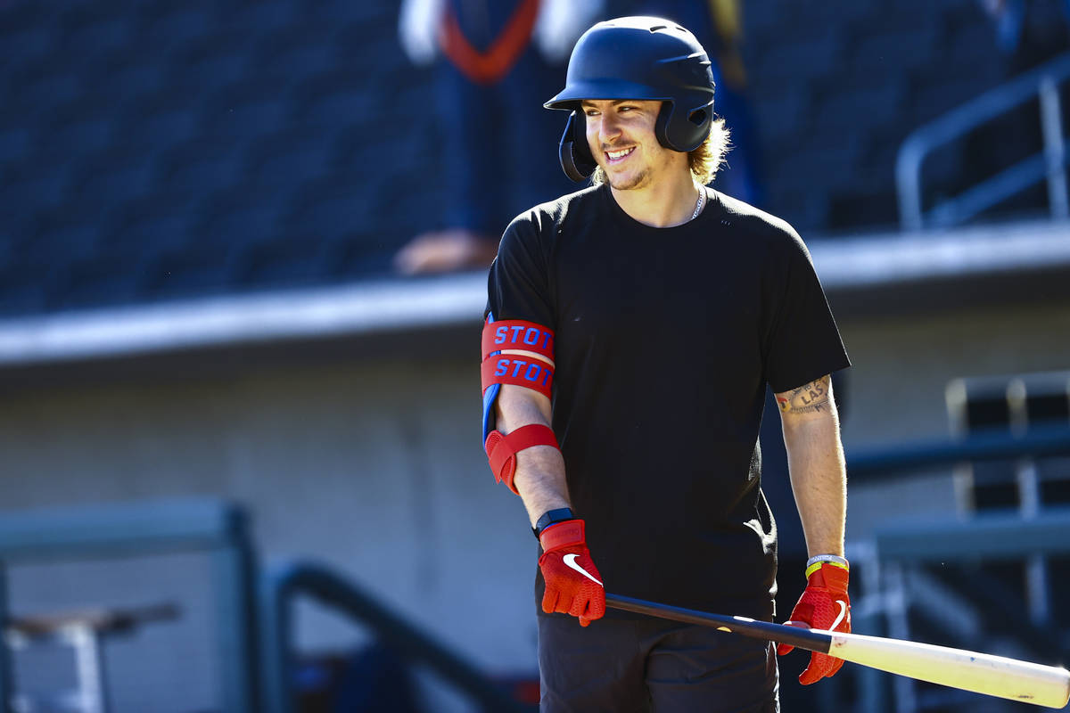 Former UNLV baseball player and Philadelphia Phillies prospect Bryson Stott participates in bat ...