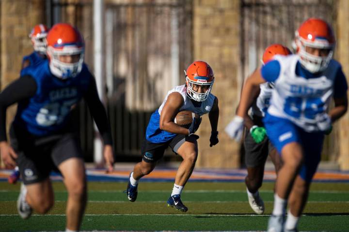 Bishop Gorman's Dominique Wilson (48) returns a kick during practice on Friday, Feb. 19, 2021, ...