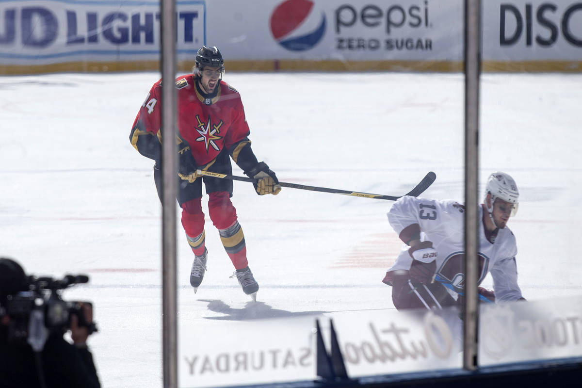 Vegas Golden Knights defenseman Nicolas Hague (14) reacts as Colorado Avalanche right wing Vale ...