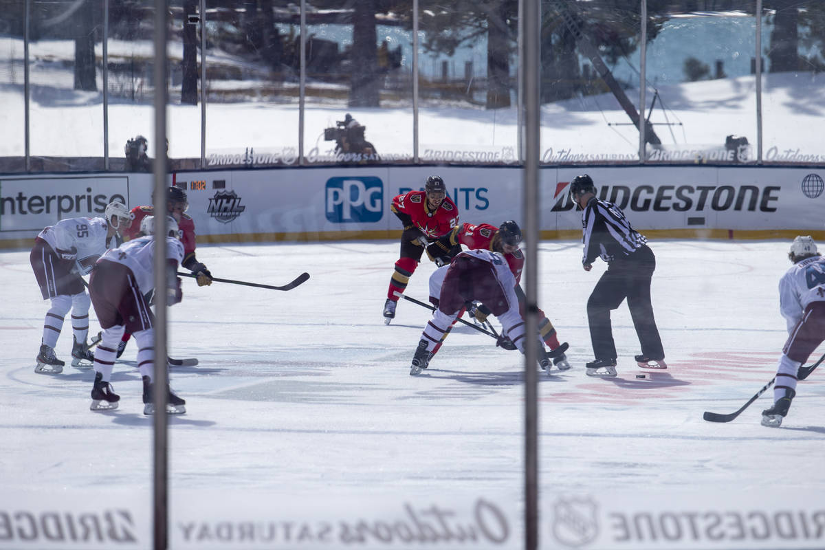 Vegas Golden Knights center William Karlsson (71) wins a faceoff against Colorado Avalanche cen ...