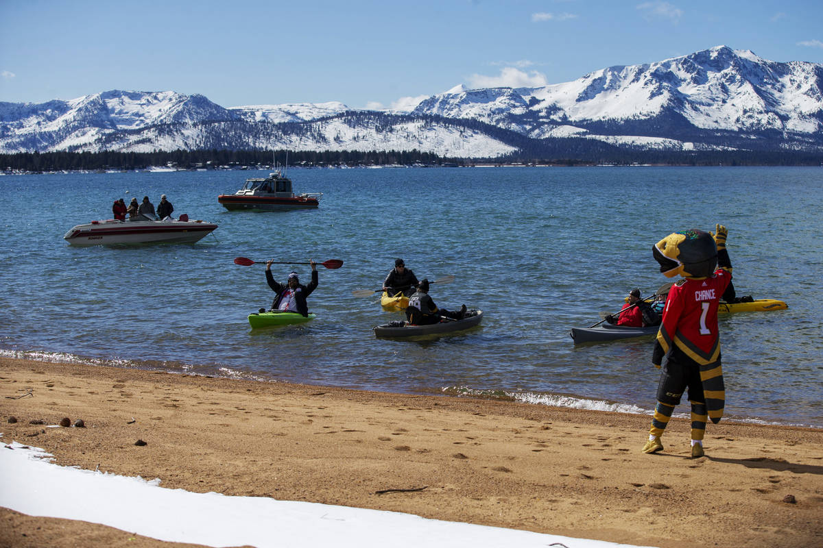 Vegas Golden Knights mascot Chance riles up the fans in Lake Tahoe during the first period of a ...