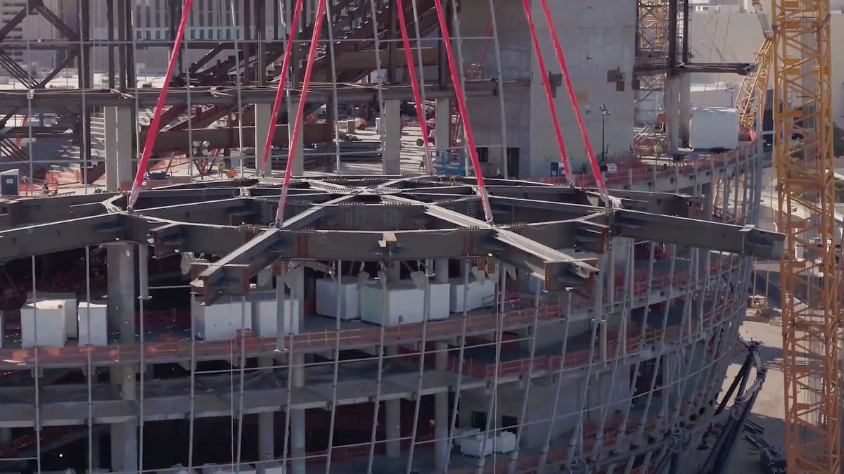 A 170-ton steel compression ring — the heaviest component for the construction of the MSG Sph ...