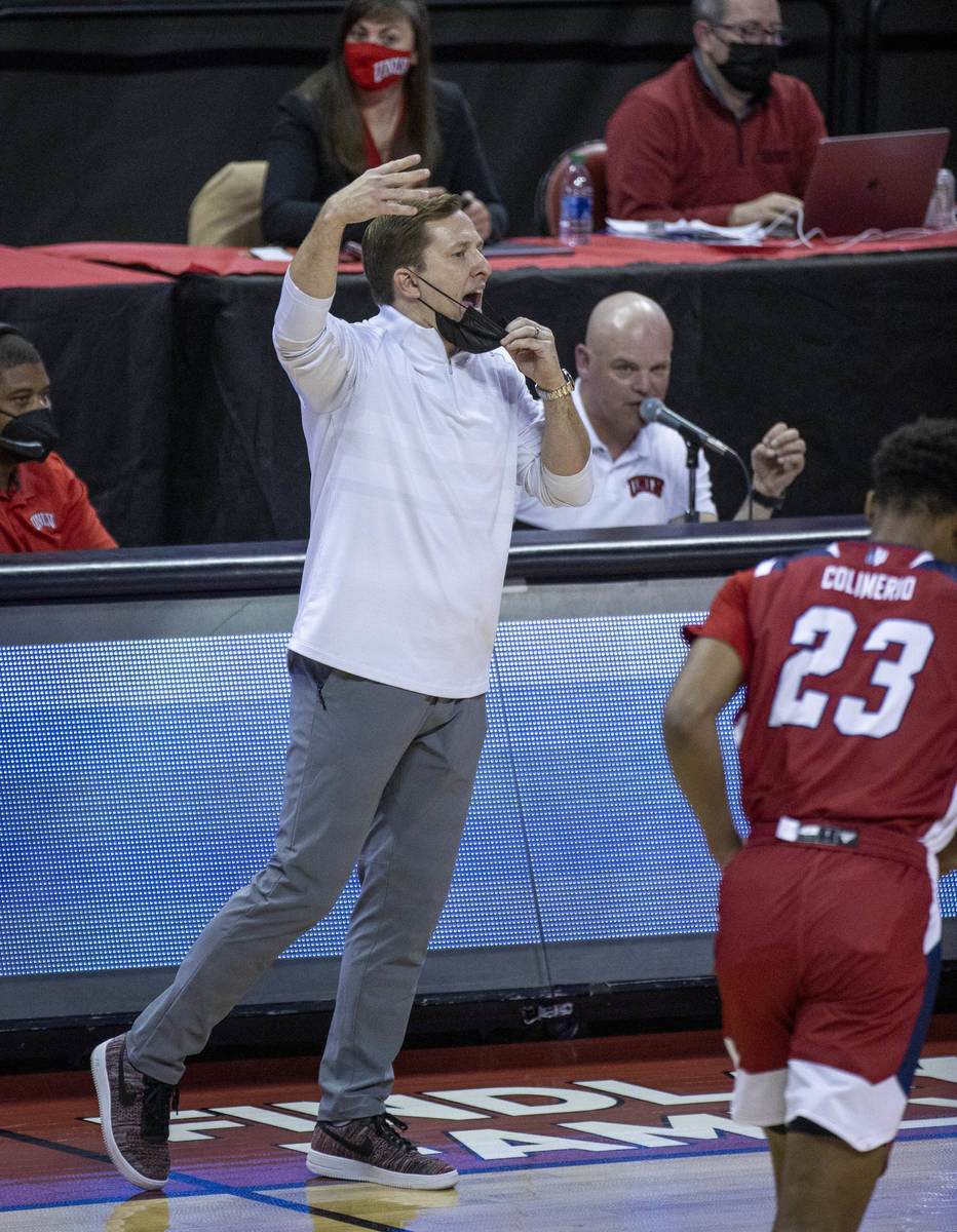 UNLV Rebels head coach T.J.Otzelberger directs his players versus the Fresno State Bulldogs dur ...