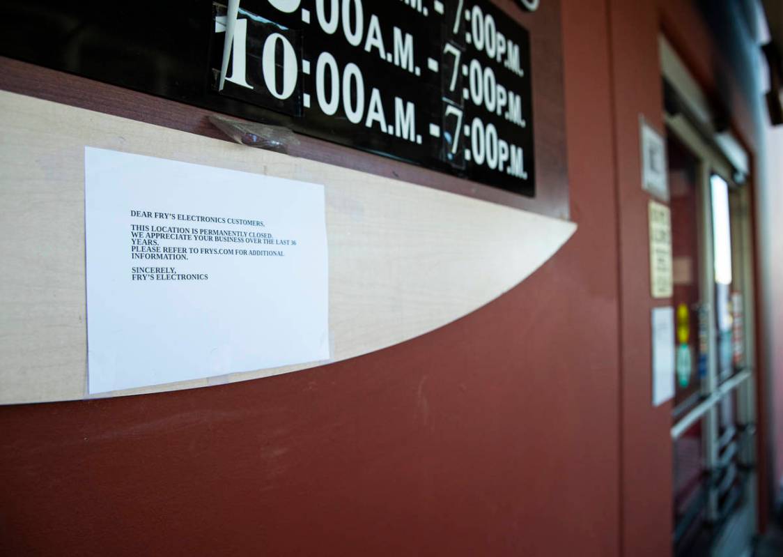 A notice about the closure of Fry's Electronics is seen at Town Square in Las Vegas on Wednesda ...