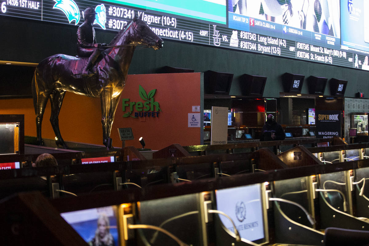 The Westgate sportsbook in Las Vegas, on Thursday, Feb. 25, 2021. (Erik Verduzco / Las Vegas Re ...