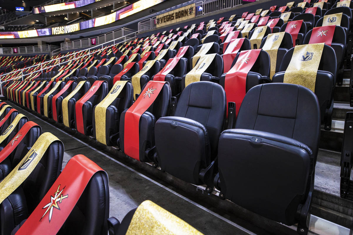 Socially distanced seats at T-Mobile Arena on Thursday, Feb. 25, 2021, in Las Vegas. The Golden ...