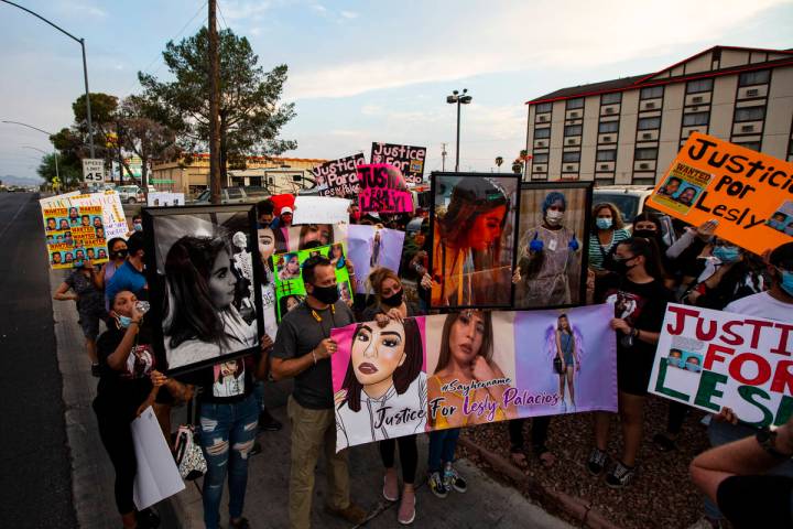 People gather in memory of Lesly Palacio, who was found slain near Valley of Fire State Park, a ...