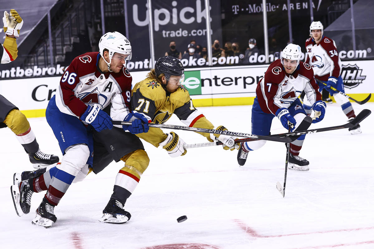 Colorado Avalanche right wing Mikko Rantanen (96) and Golden Knights center William Karlsson (7 ...