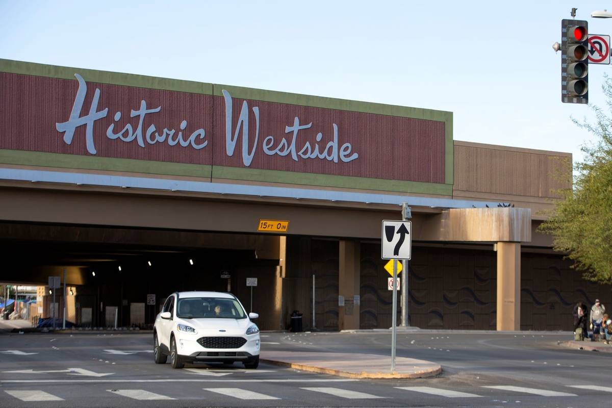 The Historic Westside sign above F Street near Bonanza Road on Wednesday, Feb. 3, 2021, in Las ...