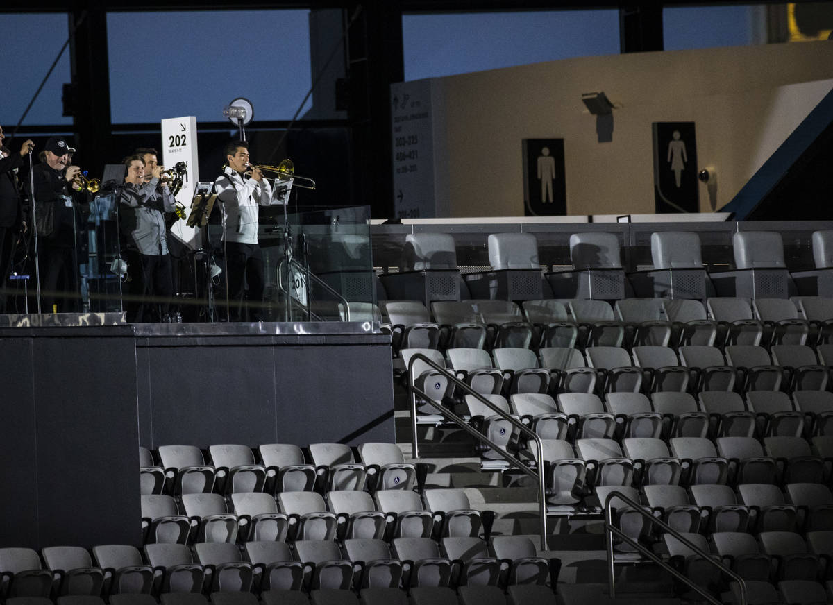 Members of Santa Fe & The Fat City Horns perform at Allegiant Stadium in Las Vegas on Sunda ...