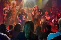 The cast of "Rock of Ages," with the late Nick Cordero portraying Dennis DuPree, parties it up ...