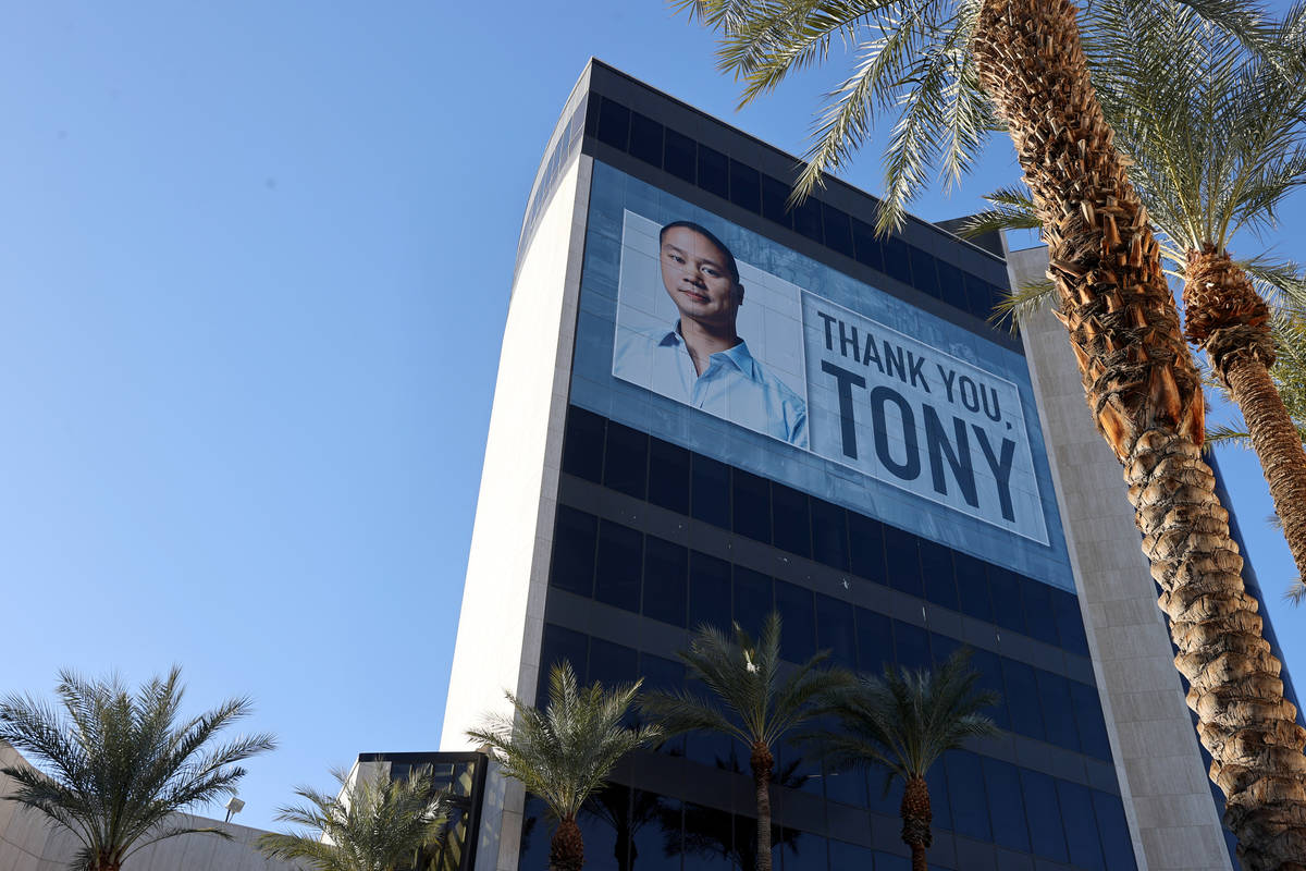 Tony Hsieh was honored by a building wrap on Zappos headquarters in downtown Las Vegas on Jan. ...