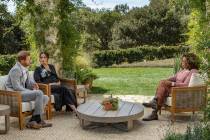 This image provided by Harpo Productions shows Prince Harry, from left, and Meghan, The Duchess ...