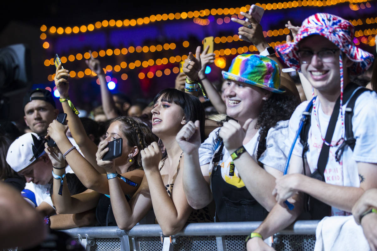 Fans react as Vampire Weekend performs at the downtown stage during day three of the Life is Be ...
