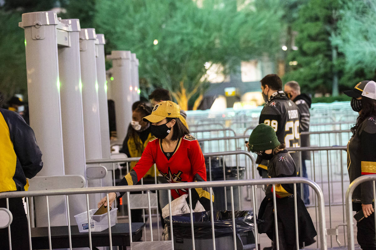 Fans arrive for the first Golden Knights game with fans allowed to return since the start of th ...