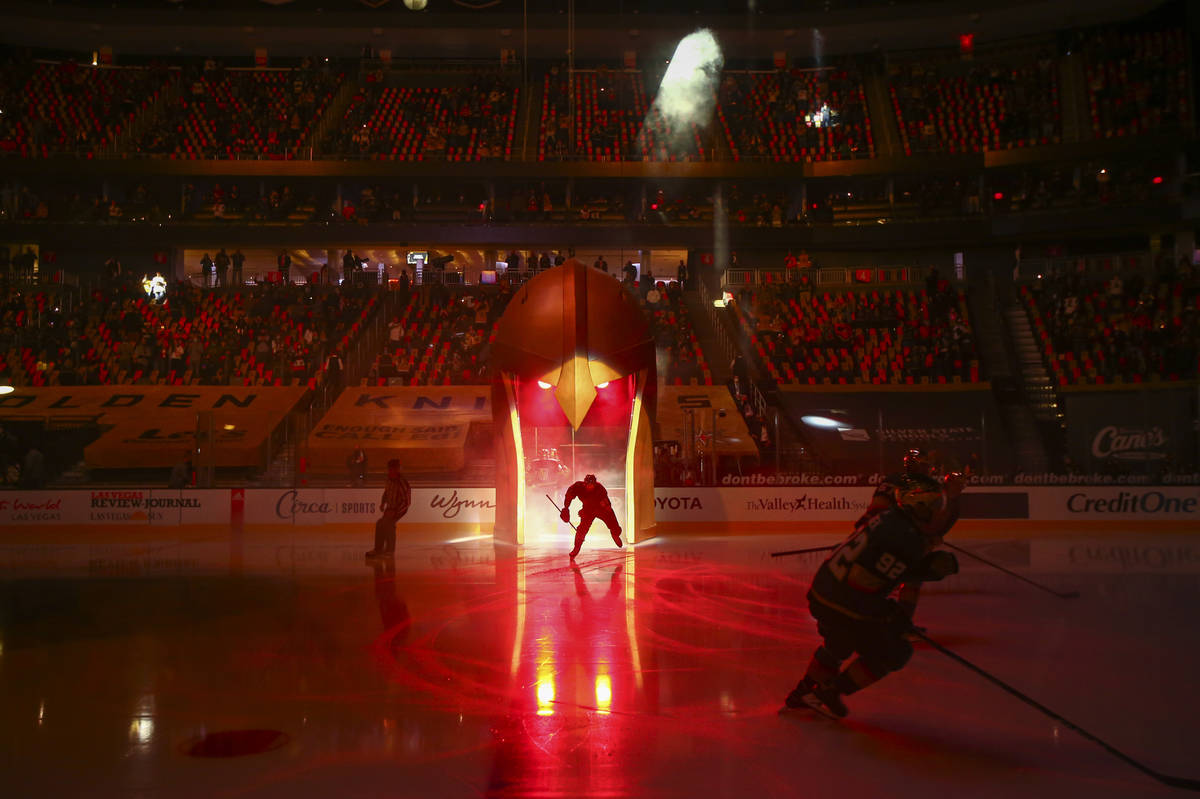 The Golden Knights take to the ice before taking on the Minnesota Wild in an NHL hockey game at ...