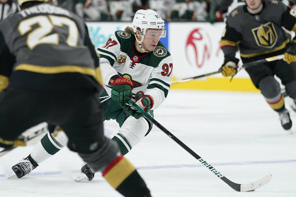 Minnesota Wild left wing Kirill Kaprizov (97) skates up the ice against the Vegas Golden Knight ...