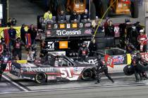 Kyle Busch (51) pits during the Strat 200 NASCAR Truck Series race at Las Vegas Motor Speedway ...