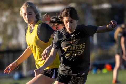 Player Camille Lomgabardi, front, drives the ball past a teammate during girlÕs soccer tea ...