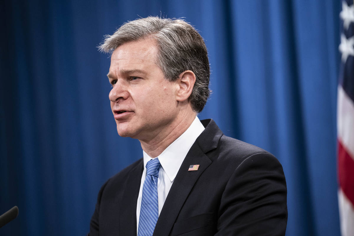 In this Oct. 28, 2020, file photo, FBI Director Christopher Wray speaks during a virtual news c ...