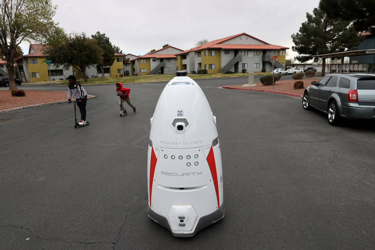 Security robot "Westy" patrols Liberty Village Apartments in Las Vegas Wednesday, Mar ...