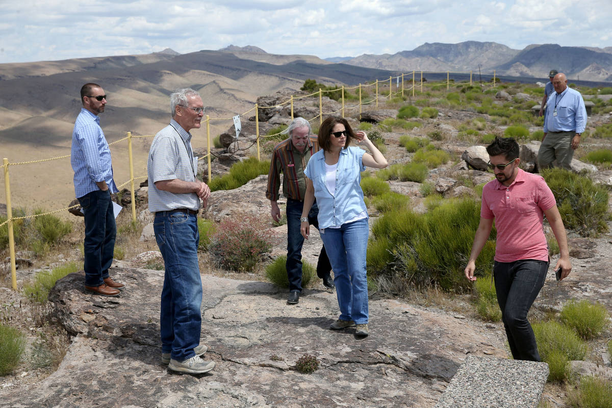 In this May 31, 2019, file photo, U.S. Sen. Catherine Cortez Masto, D-Nev., gets a tour on a hi ...