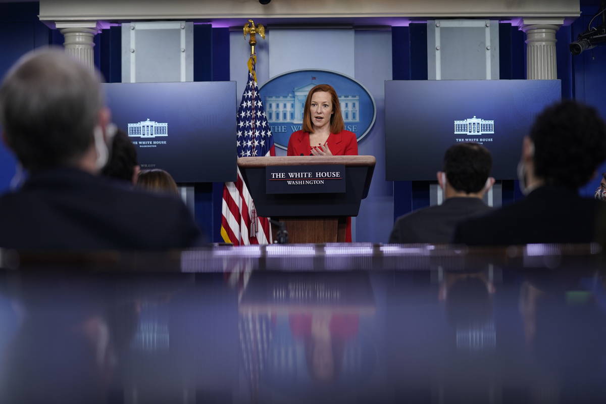 White House press secretary Jen Psaki speaks during a press briefing at the White House, Tuesda ...