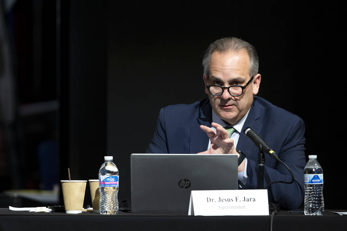 Clark County School District superintendent Jesus Jara speaks during the district's board meeti ...