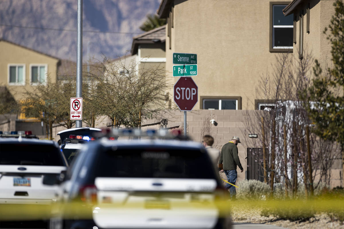 Las Vegas police investigate an apparent murder-suicide inside a home at the 9200 block of S. P ...