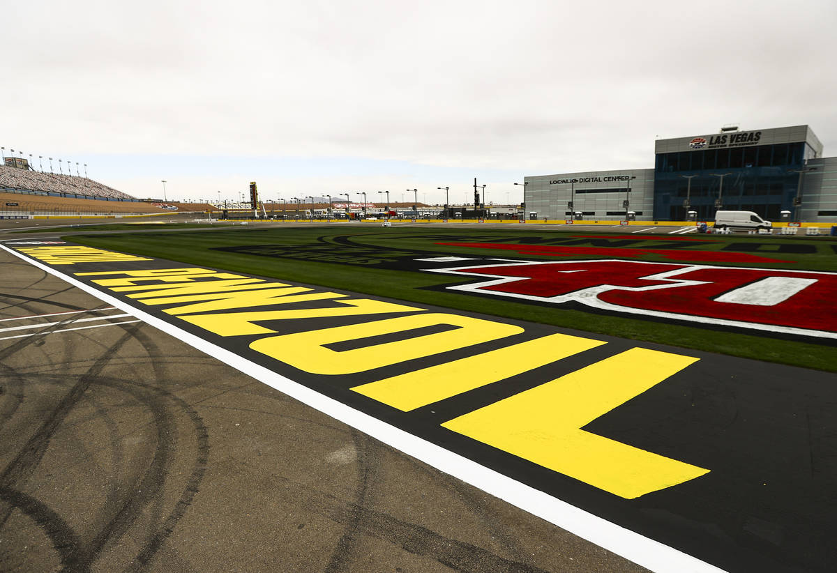 Logos on the infield grass are seen ahead of the Pennzoil 400 weekend, slated to begin this Fri ...