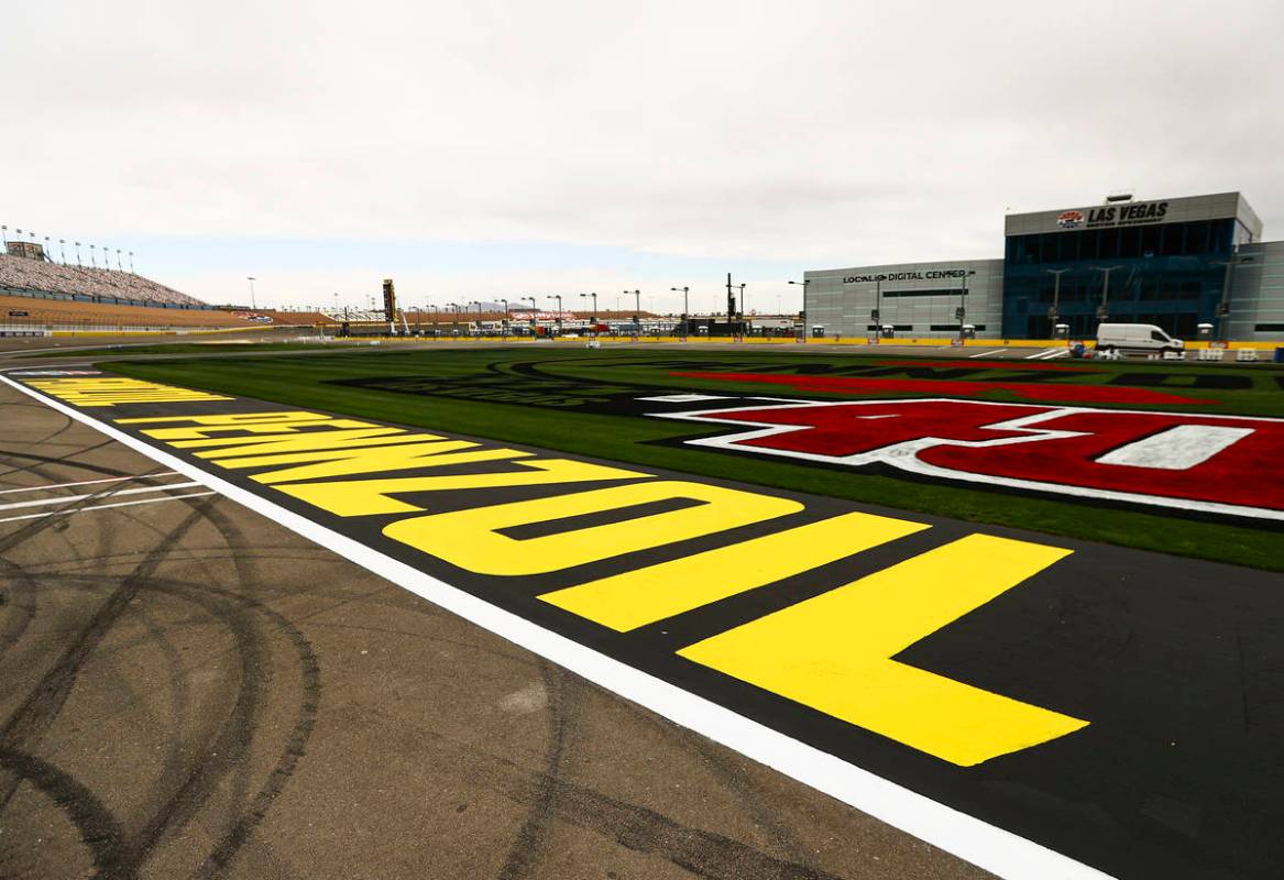 Logos on the infield grass are seen ahead of the Pennzoil 400 weekend, slated to begin this Fri ...
