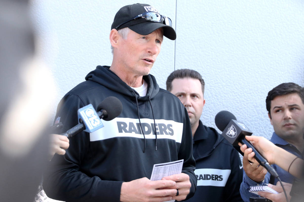 Raiders general manager Mike Mayock speaks to reporters during an offseason training session a ...