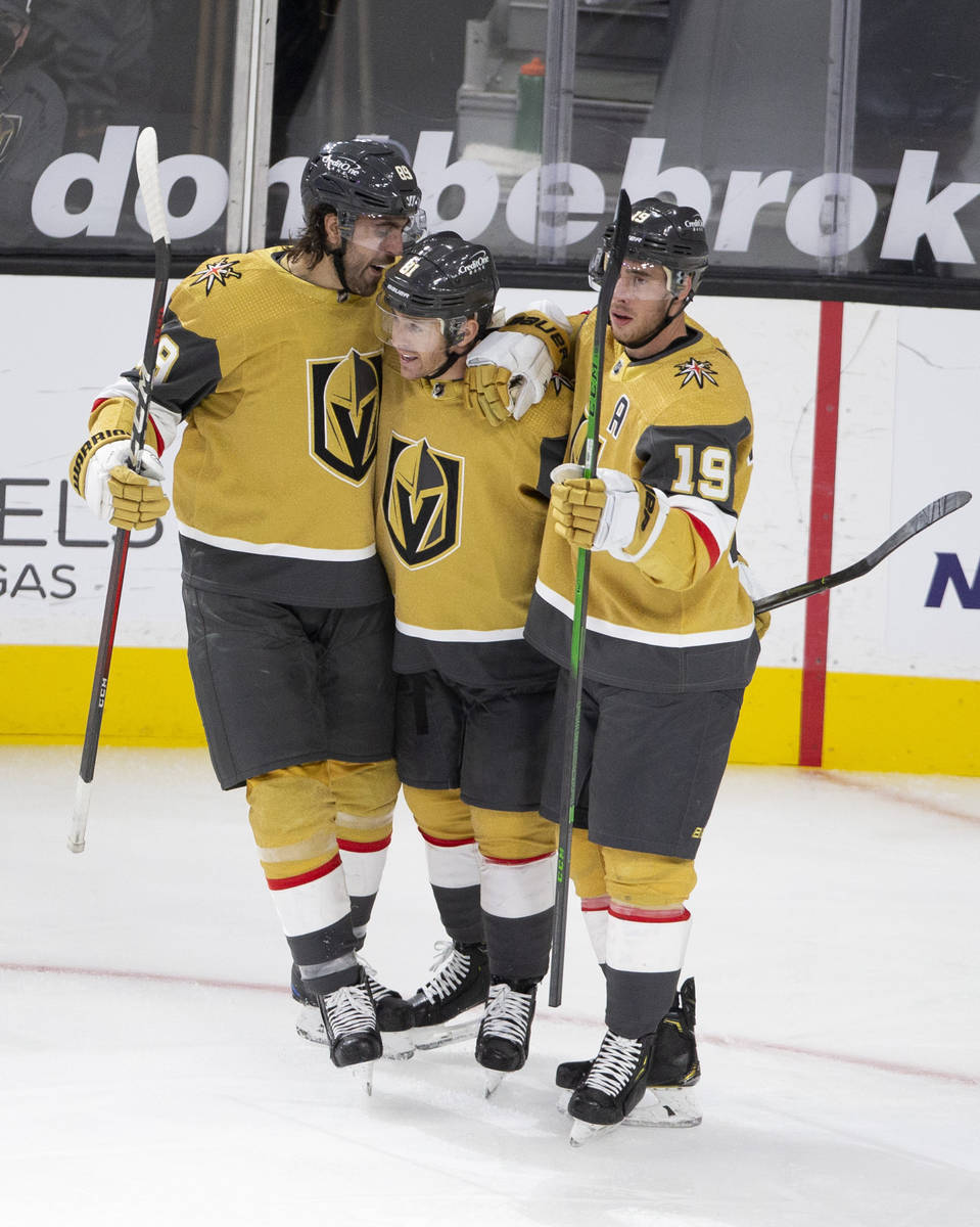 Golden Knights right wing Alex Tuch (89), left, center Jonathan Marchessault (81) and right win ...