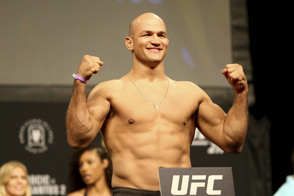 Junior Dos Santos poses for photographers during a weigh-in before UFC 211 on Friday, May 12, 2 ...