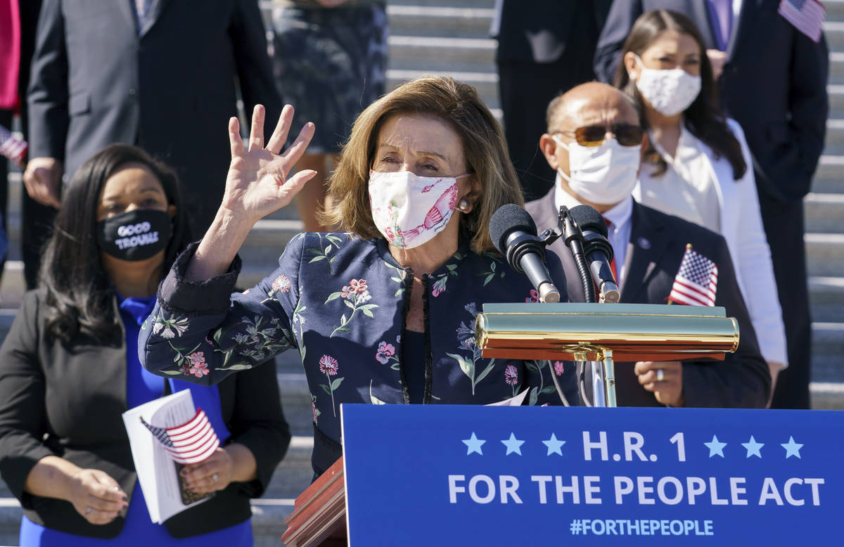 Speaker of the House Nancy Pelosi, D-Calif., and the Democratic Caucus gather to address report ...