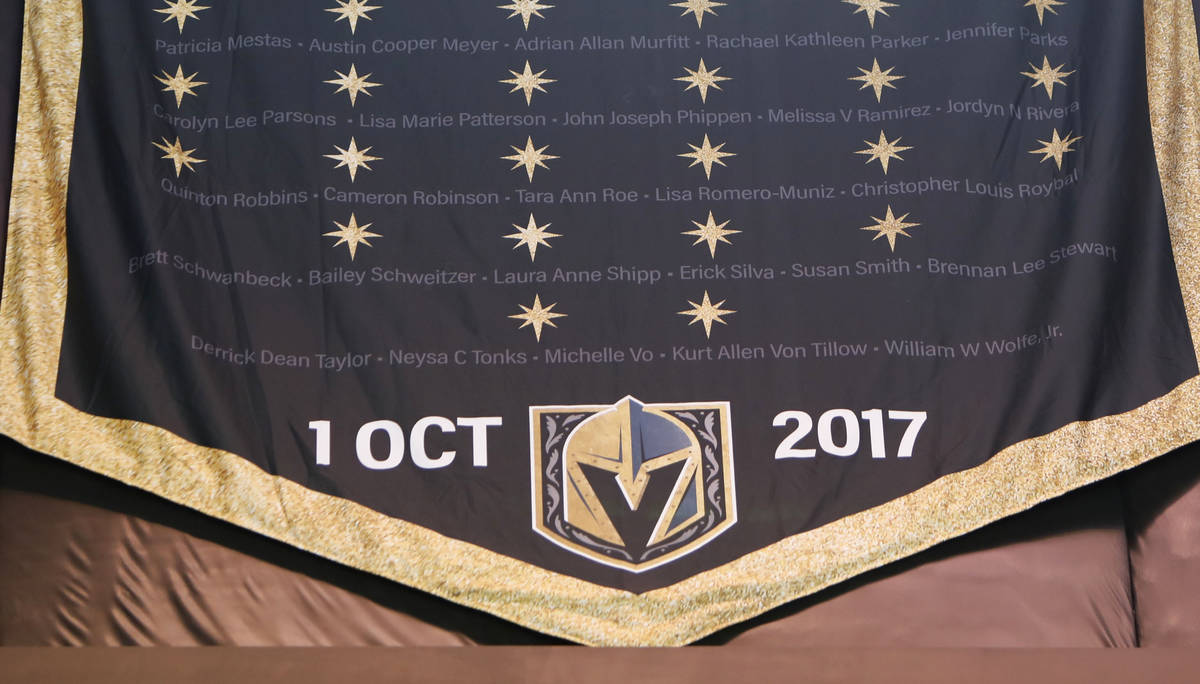 The "Vegas Strong" banner is seen at T-Mobile Arena in Las Vegas, Thursday, March 4, 2021. The ...