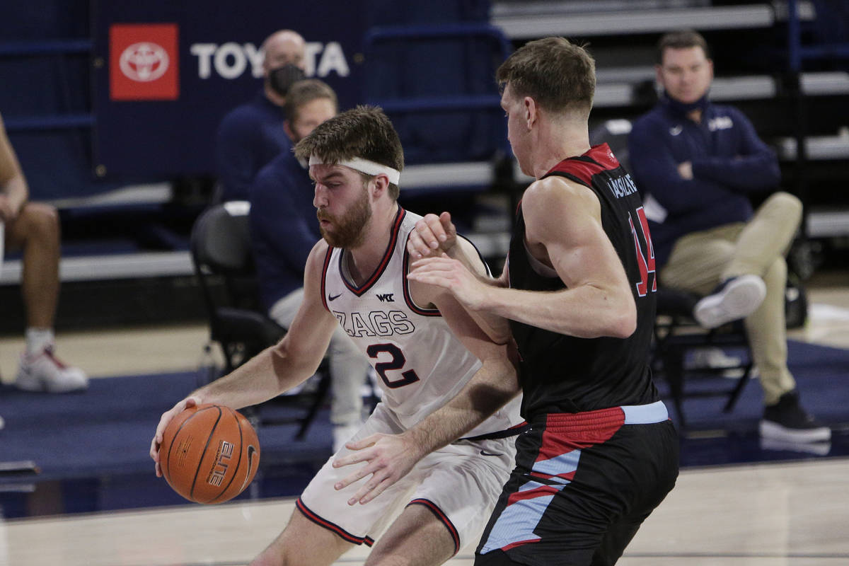 Gonzaga forward Drew Timme, left, posts up on Loyola Marymount center Mattias Markusson during ...