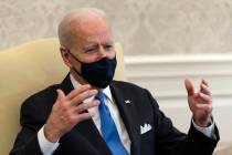 President Joe Biden speaks during a meeting about cancer in the Oval Office of the White House, ...