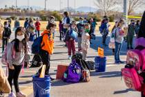 Students stand in lines on the playground assigned by their teachers at Goolsby Elementary Scho ...