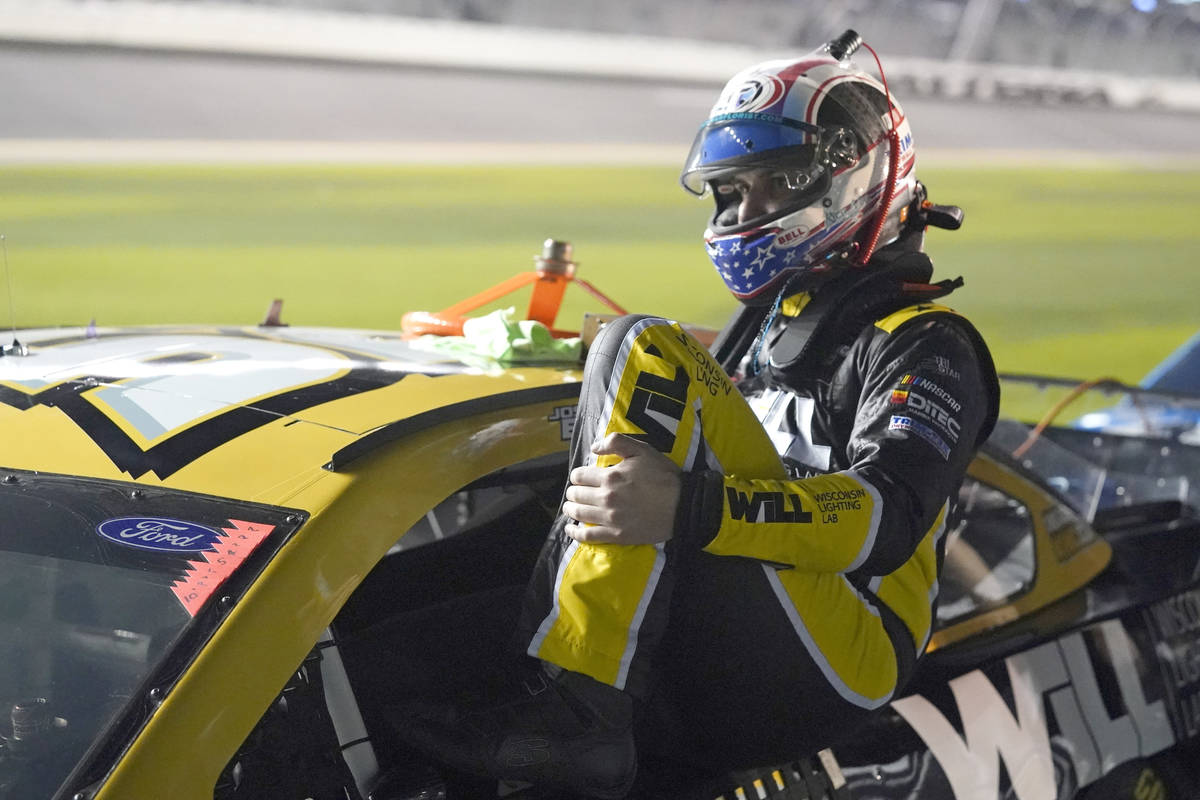 Josh Bilicki gets ready for NASCAR Daytona 500 auto race qualifying at Daytona International Sp ...