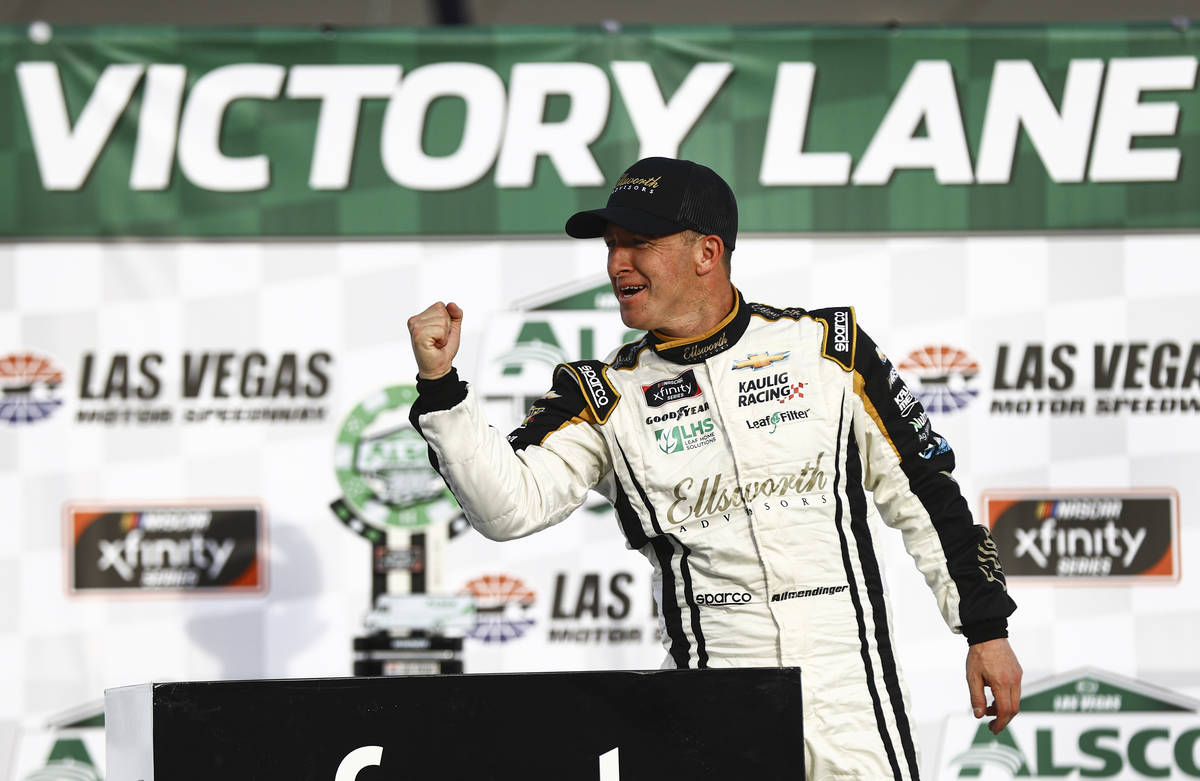 AJ Allmendinger celebrates after winning a NASCAR Xfinity Series auto race at the Las Vegas Mot ...