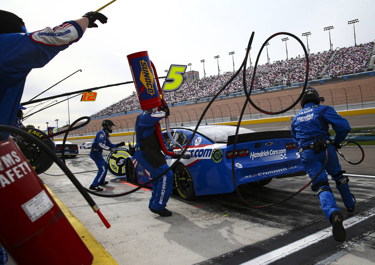 Kyle Larson (5) pits during the NASCAR Cup Series Pennzoil 400 auto race at the Las Vegas Motor ...