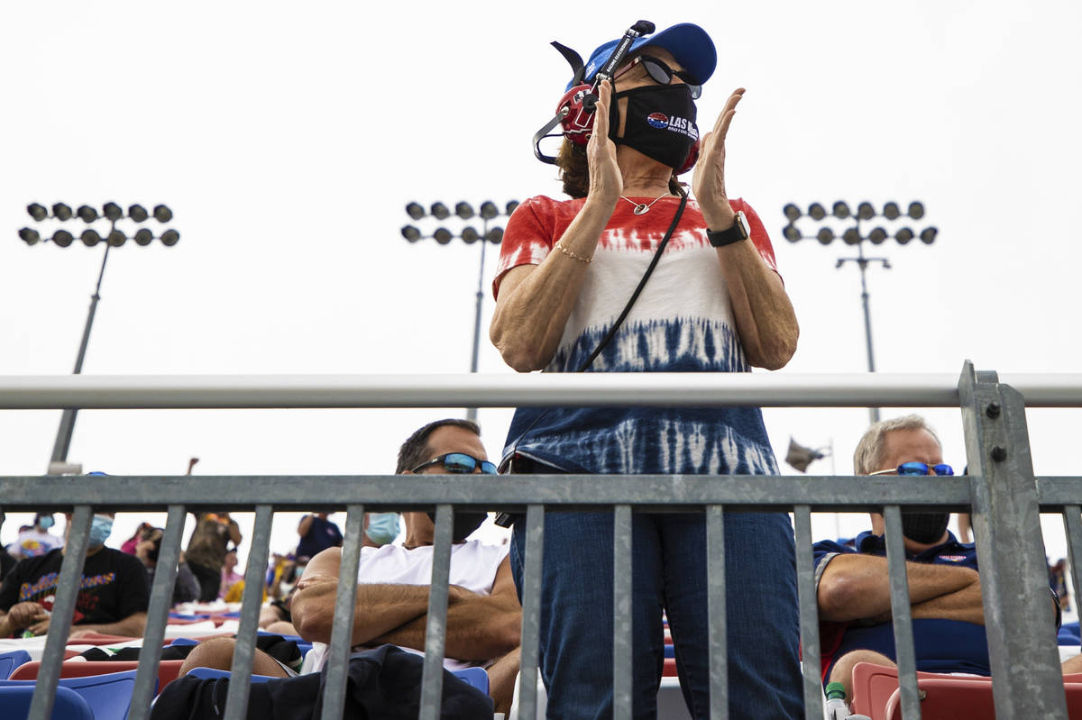 Fans cheer from the grandstands during the NASCAR Cup Series Pennzoil 400 auto race at Las Vega ...