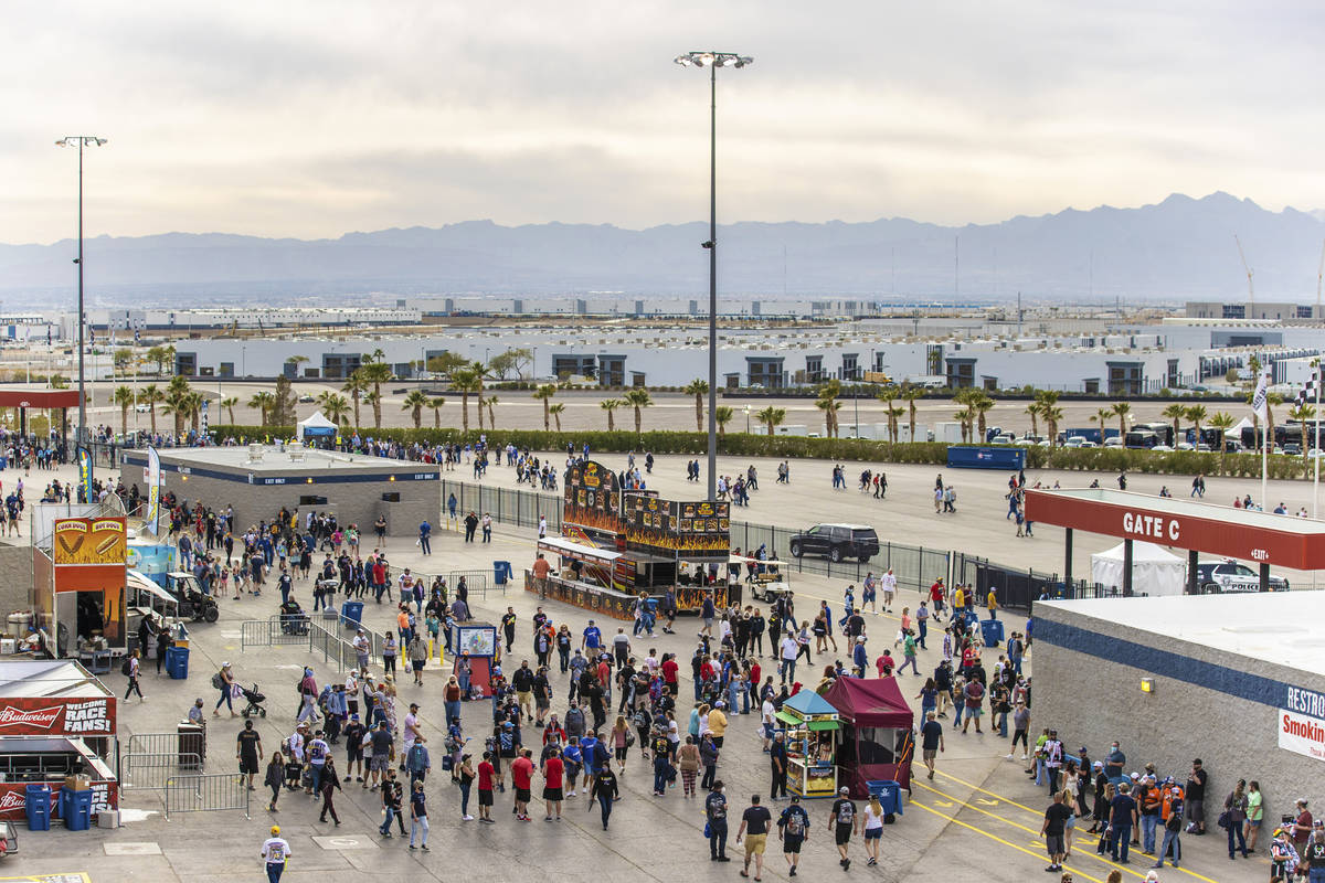 Fans exit Las Vegas Motor Speedway at the conclusion of the NASCAR Cup Series Pennzoil 400 au ...