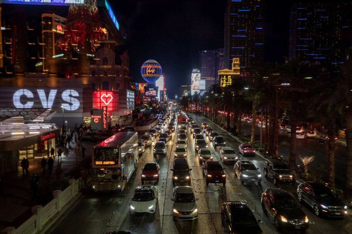 Heavy traffic moves through the Strip on Las Vegas Blvd. in November 2020 in Las Vegas. (Las Ve ...