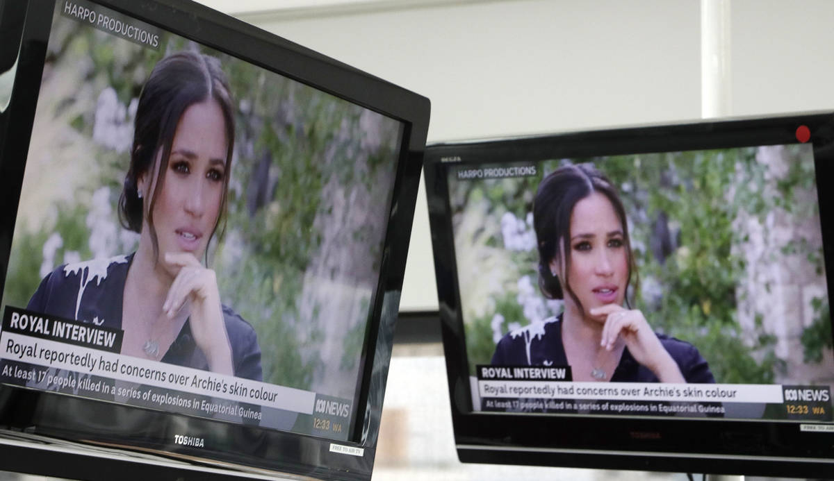 Australian television news in Sydney, Monday, March 8, 2021, reports on an interview of The Duk ...