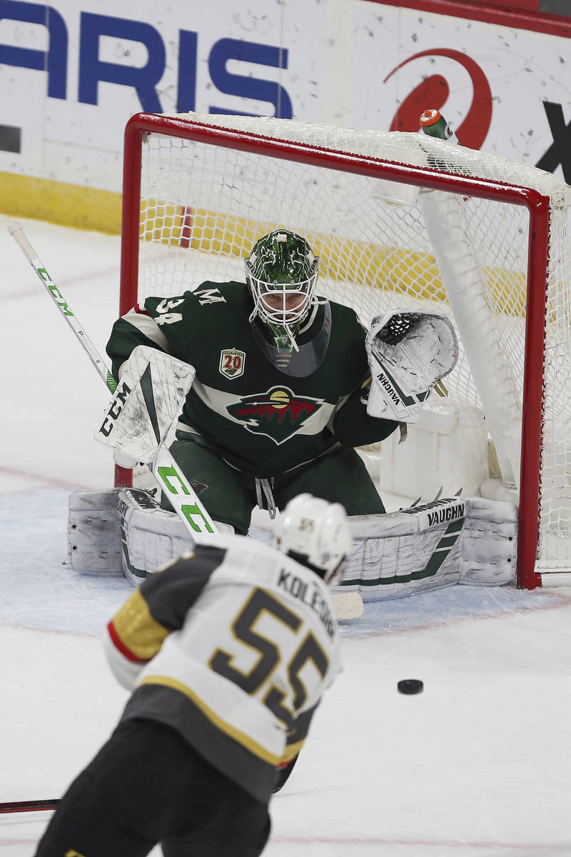 Minnesota Wild goalie Kaapo Kahkonen (34) gets ready for the puck shot by Vegas Golden Knights' ...