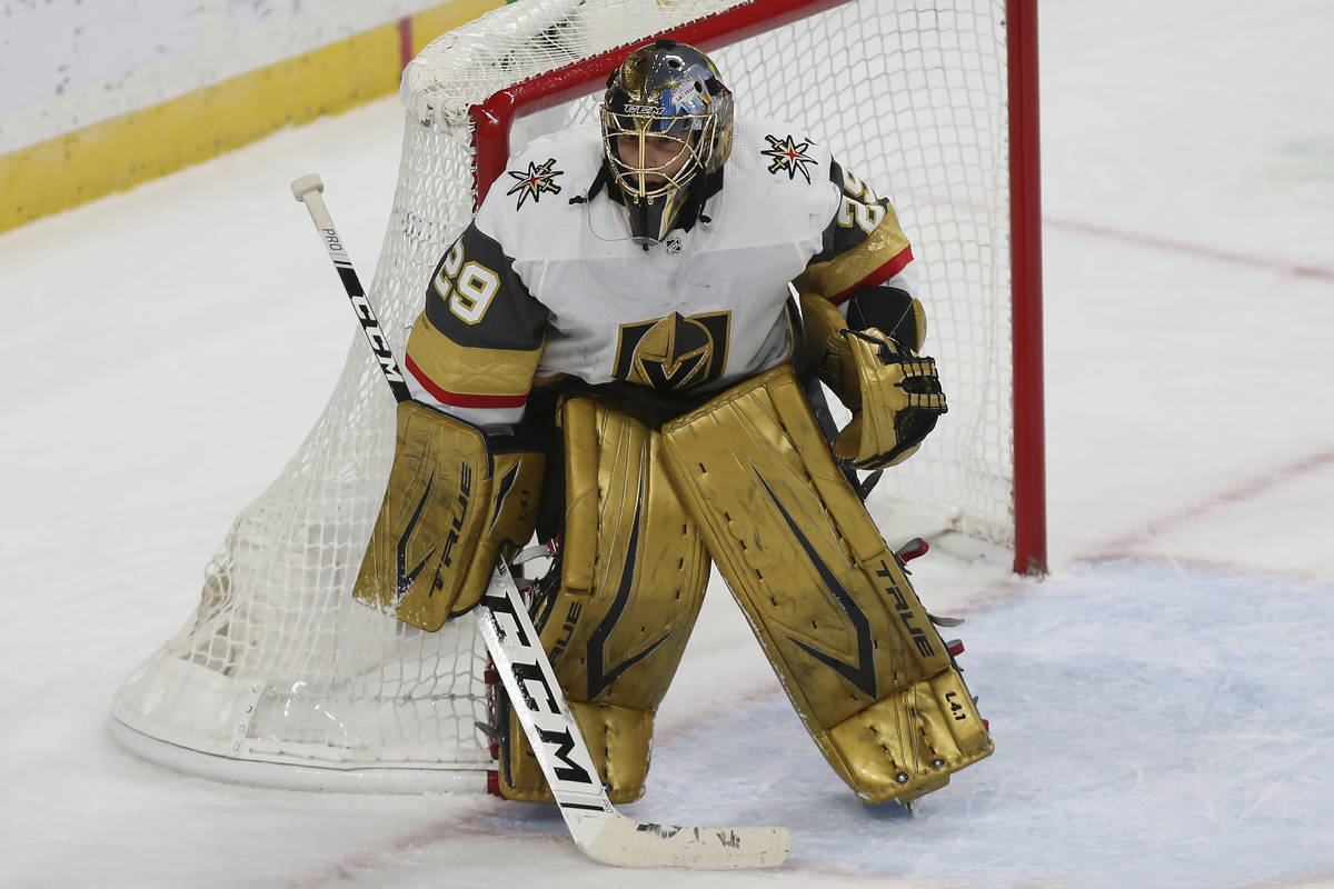 Vegas Golden Knights goalie Marc-Andre Fleury (29) on ice in the third period of an NHL hockey ...