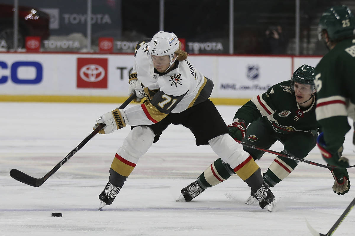 Vegas Golden Knights' William Karlsson (71) moves the puck downice against Minnesota Wild's Nic ...